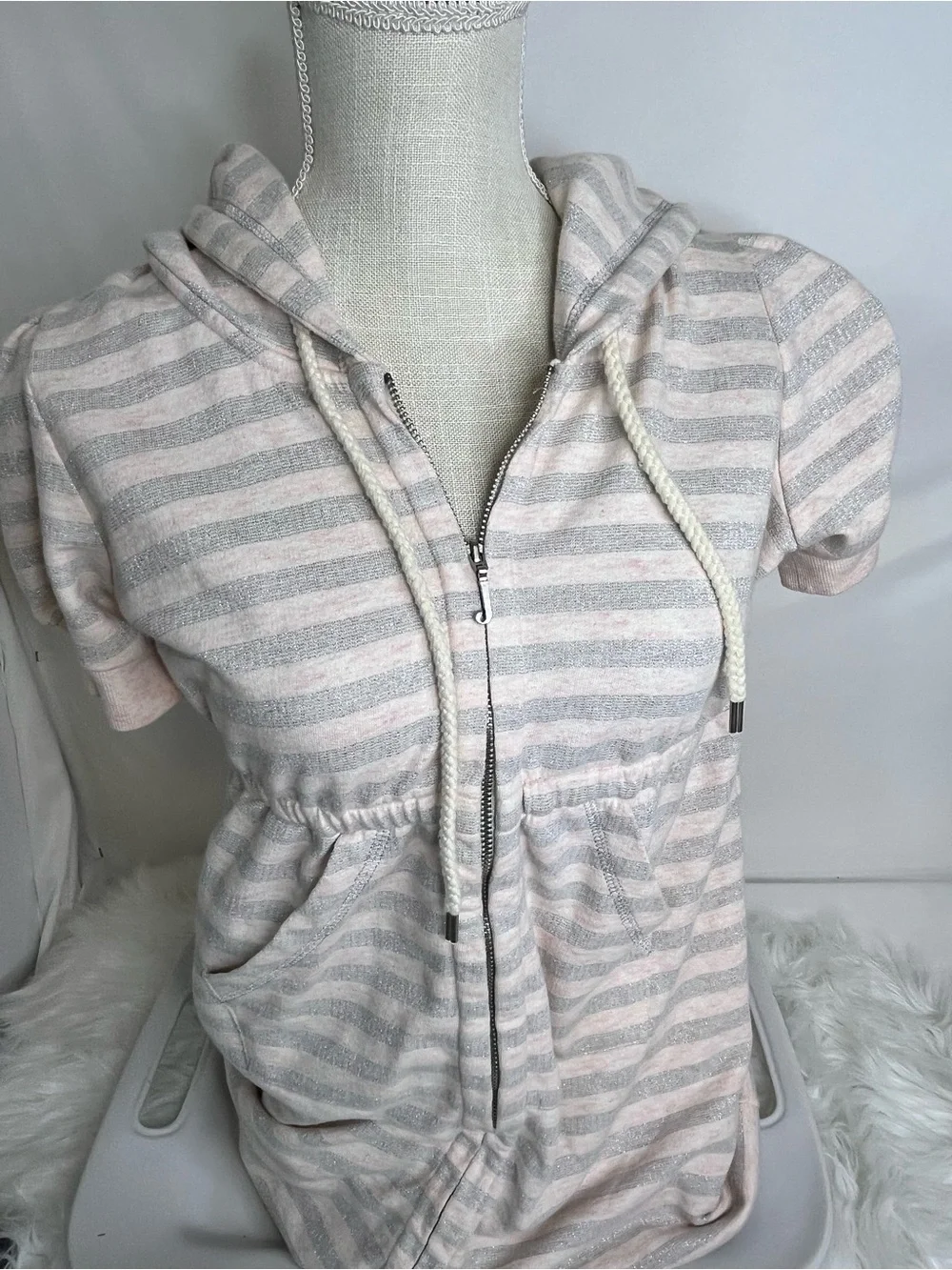 NWT Juicy Couture Pink and Gray Striped Hooded Mini  Dress